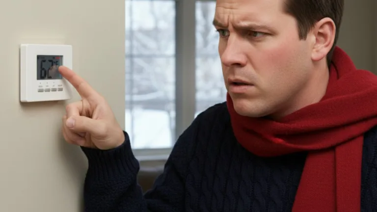 a cold homeowner bundled in a scarf indoors, pointing to a non-working thermostat stuck at 62∘F