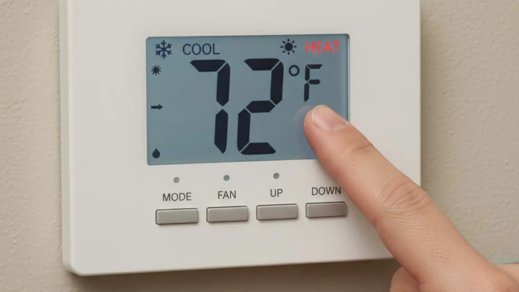 close-up shot of a finger touching a thermostat, switching from AC to Heat