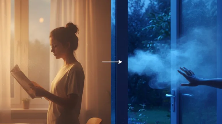 how to cool home naturally concept aiming to capture the feeling of stuffiness indoors versus the inviting cool air outside