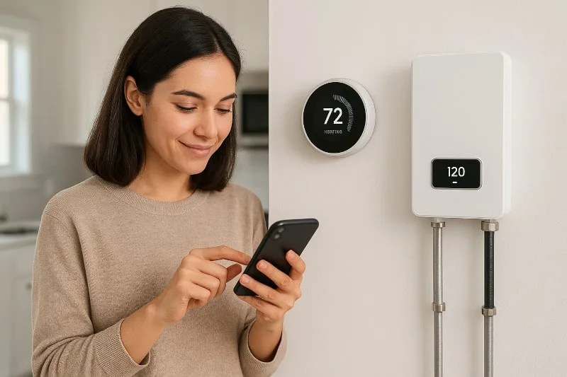 woman controlling settings on her mobile app for smart thermostat and tankless water heater