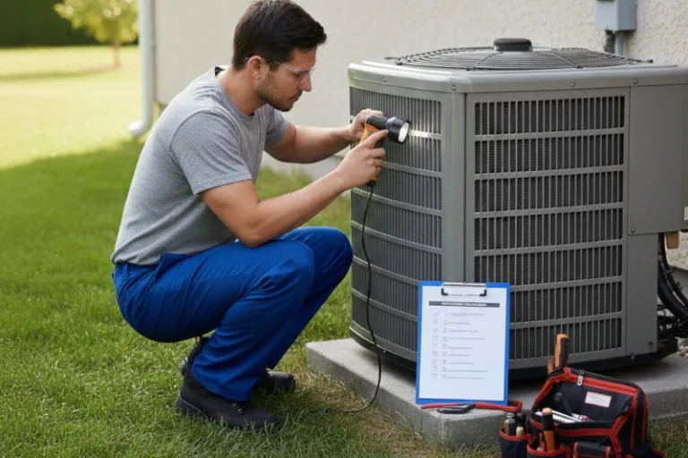 hvac maintenance checklist on clipboard resting against outdoor AC unit
