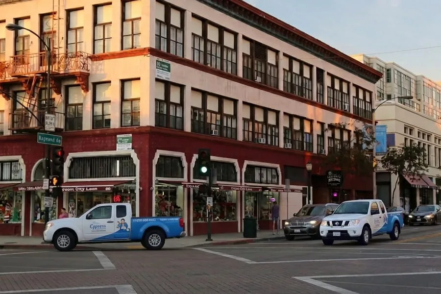 Cypress Air service trucks driving on Colorado Blvd in Old Town Pasadena, CA