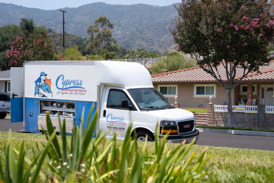 Cypress Air service truck parked in residential neighborhood of West Covina, CA